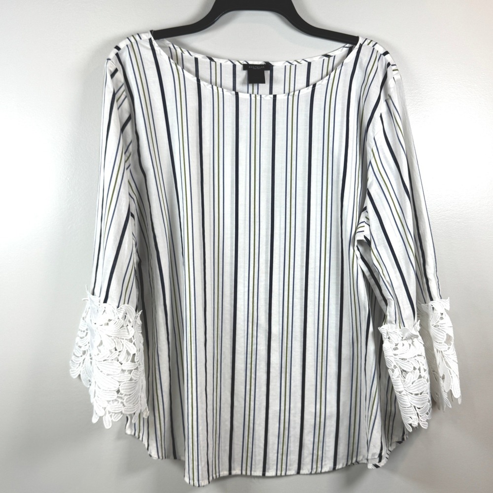 Ann Taylor‎ Factory Striped Blouse Womens XL Lace Cuff Preppy Cottagecore Top